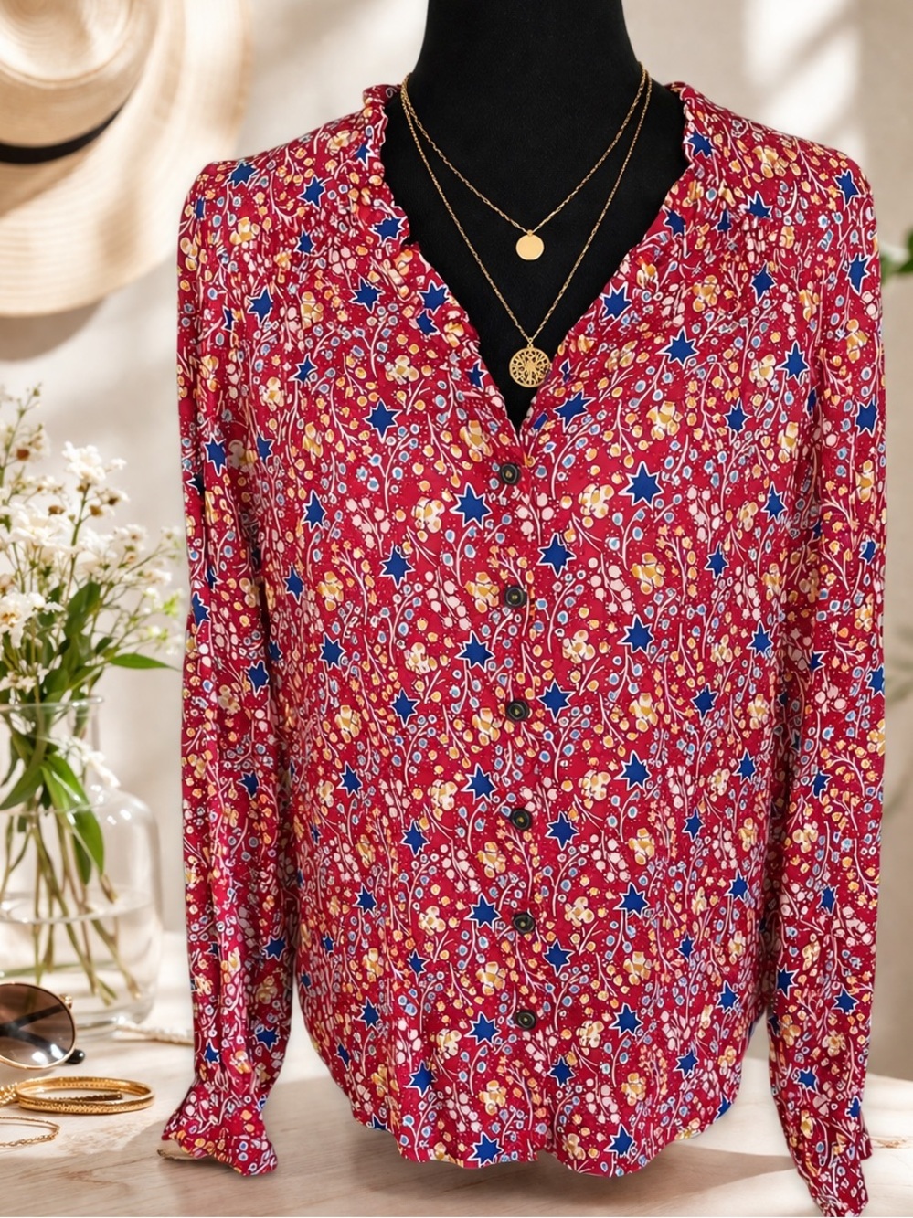 Anthropologie Maeve Marisol Pink Floral & Star Button-Front Blouse Size 6